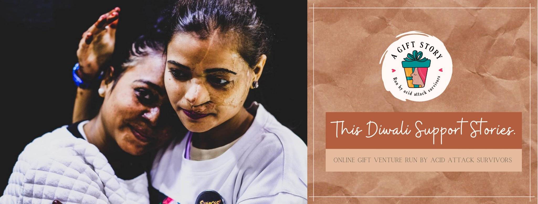 Two girls hugging each other and showing the online gift venture run by acid attack survivors