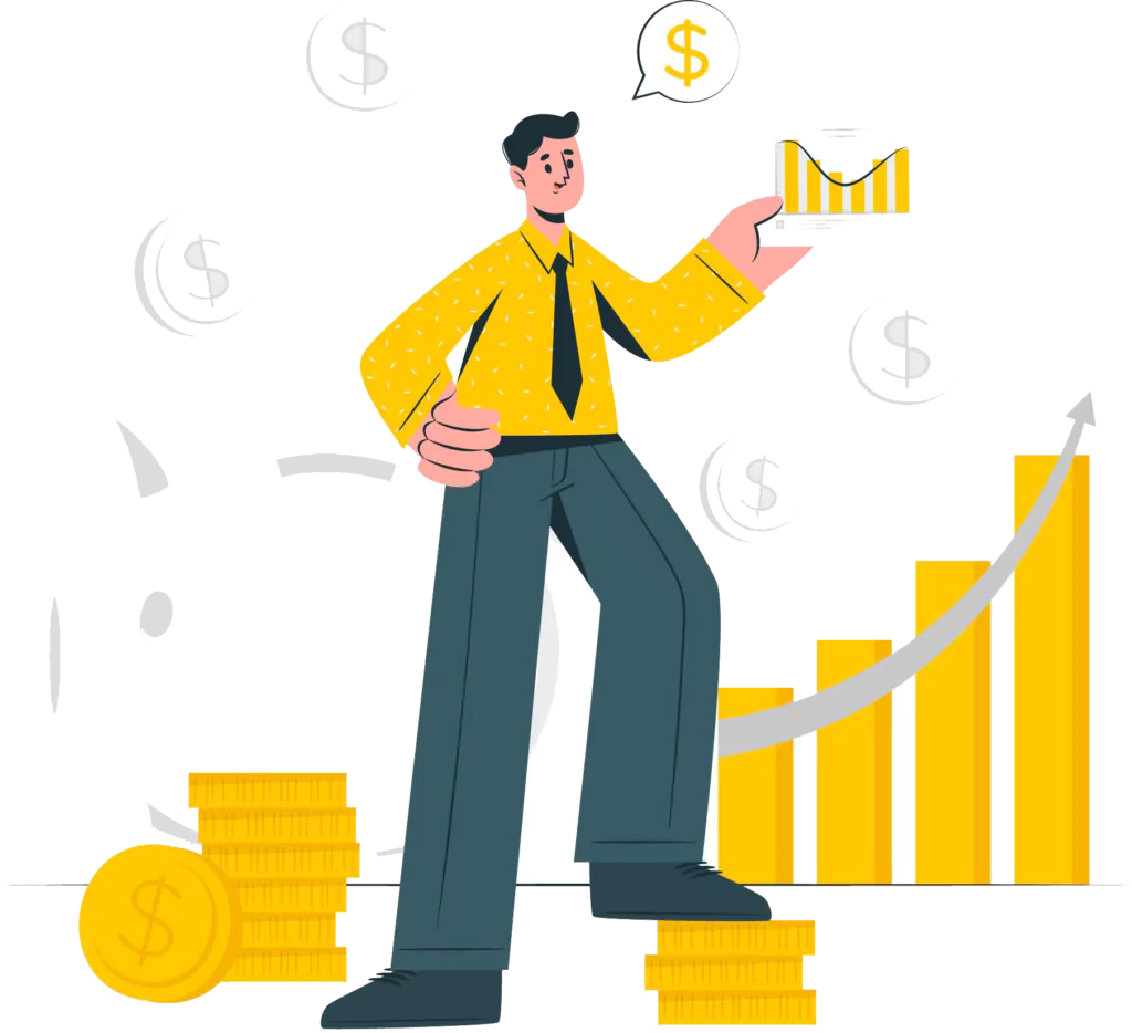 A man holding a coin and a bar graph, symbolizing financial growth and investment strategy
