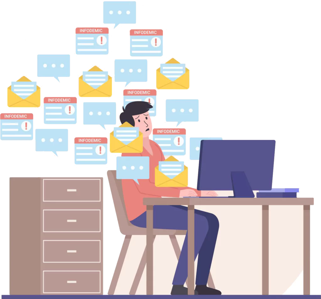 A man diligently working at his desk surrounded by numerous email icons on his computer screen.
