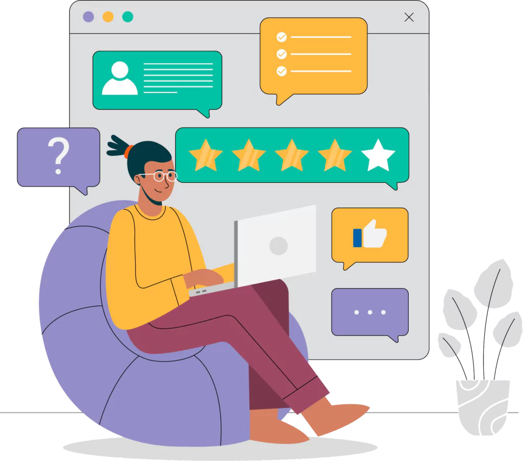A man sitting in a bean bag chair with a laptop and a star rating icon, symbolizing comfort and online feedback.