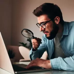 A man looking at something with microscope.
