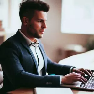 a man sitting on a chair annd working on a laptop.